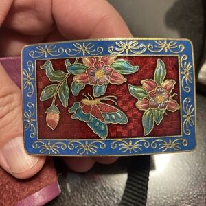 Vintage NEO Wide Burgundy Belt Cloisonne Floral Butterfly Enamel Buckle
